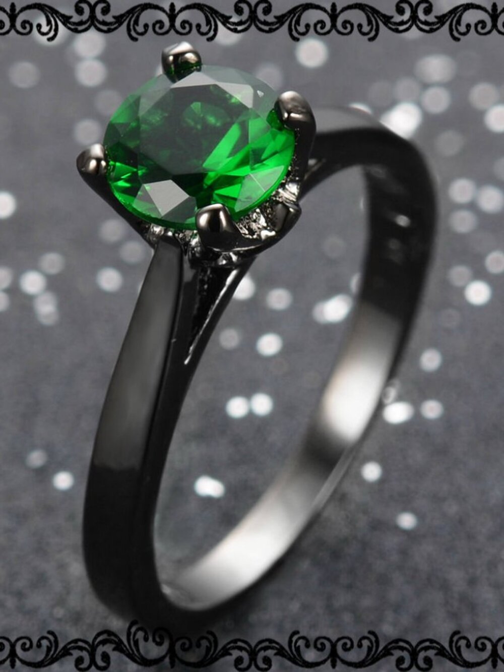 New - Dainty Green Quartz In Black Gold Filled Ring - Size 7 or 8